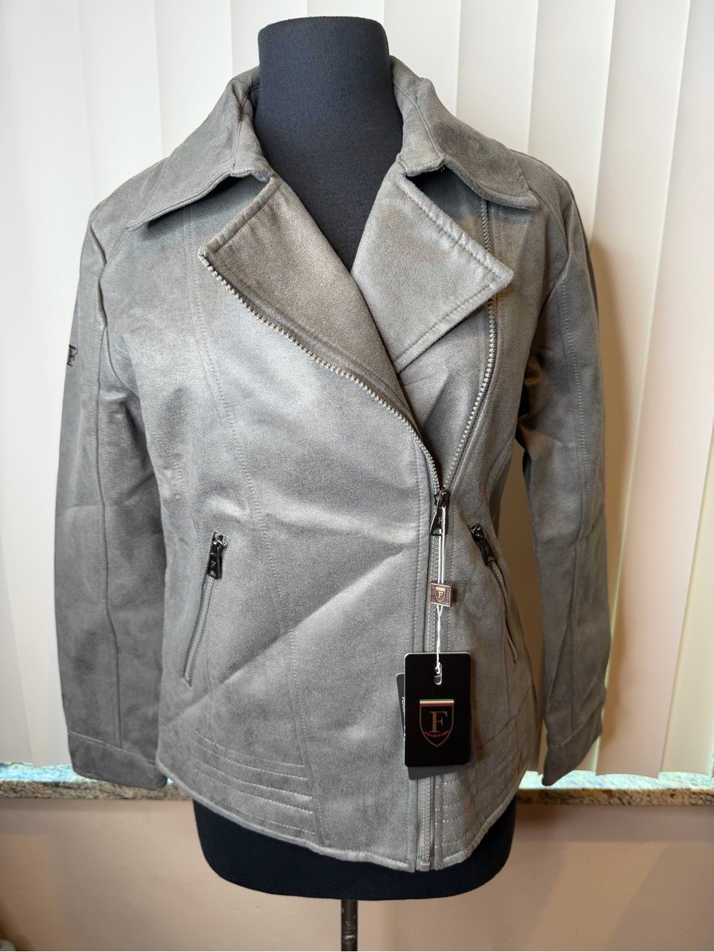 F Collections grey faux suede asymmetrical motorcycle jacket Size Medium